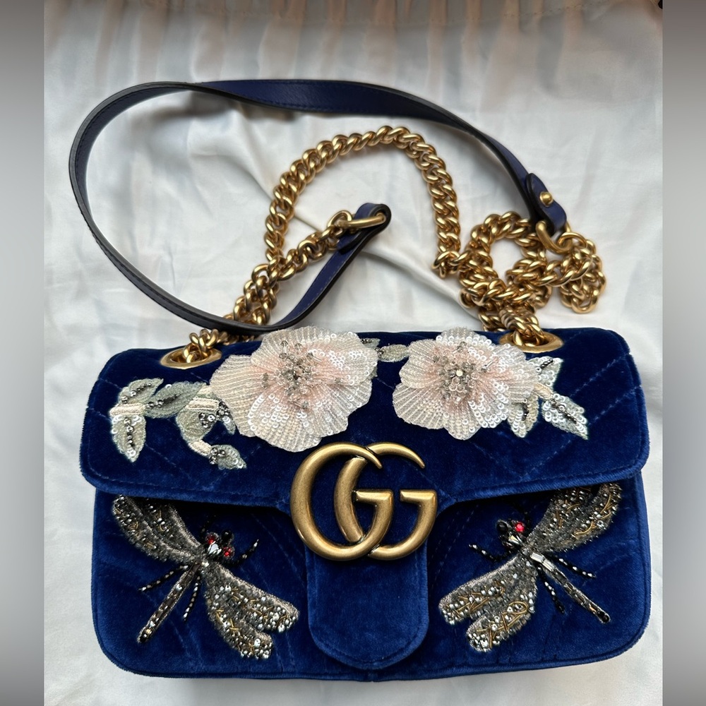 GUCCI GG MARMONT MINI EMBROIDERED VELVET CHAIN SHOULDER BAG
